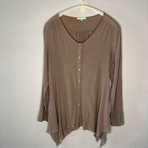 Spense Button Front Tunic Asymmetrical Shirt Lagenlook Tan Roll Tabs Women’s XL